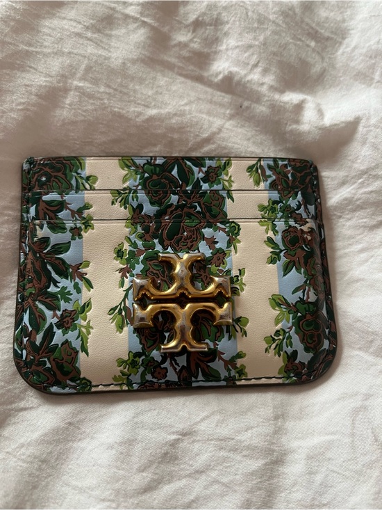 Tory Burch Accessories - Tory Burch Green, Blue & Cream Floral Stripe Card Case with Gold Logo